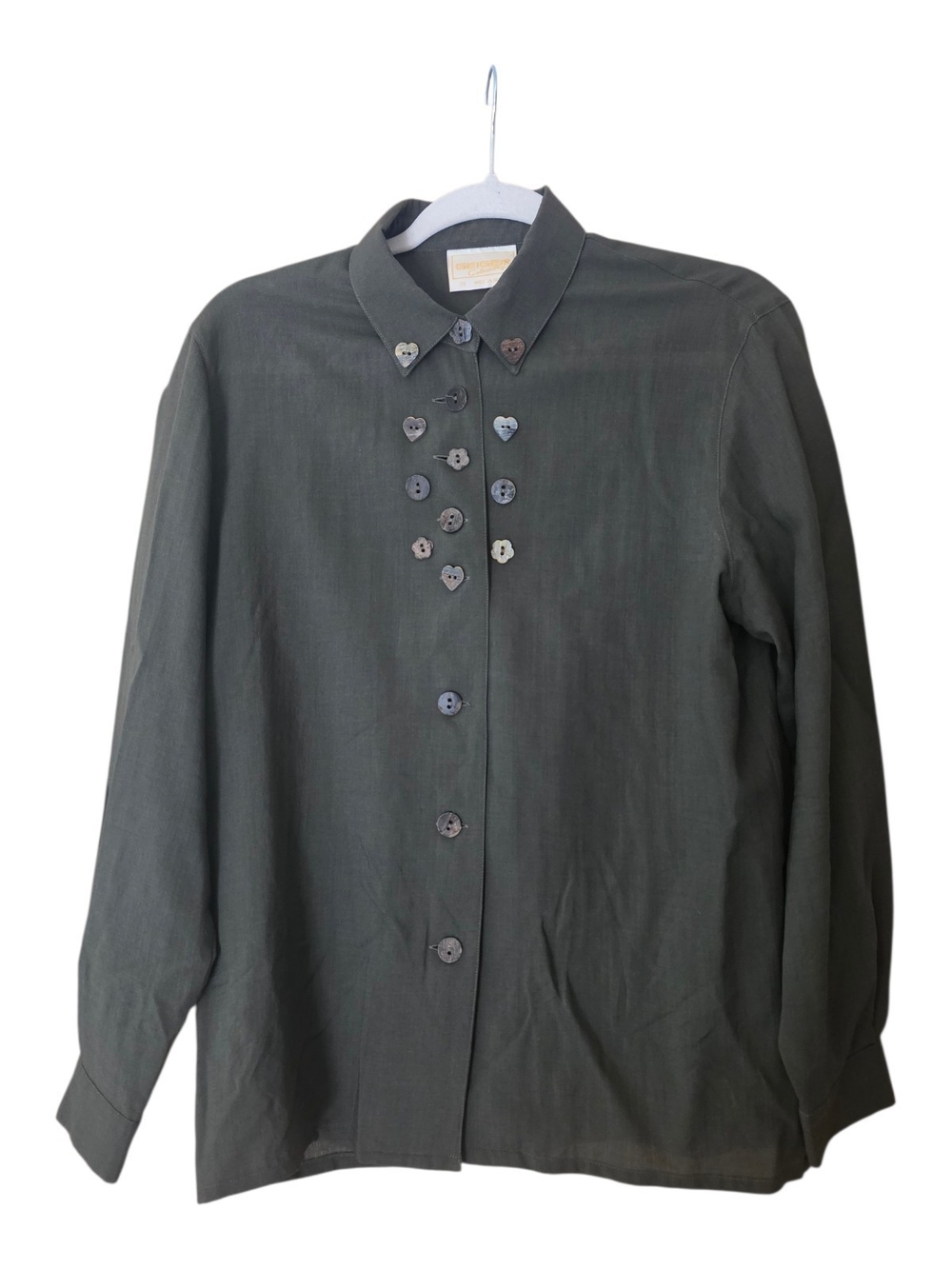 Geiger Collection Pure New Wool Blouse Green Button details size 38 (6 or Small)